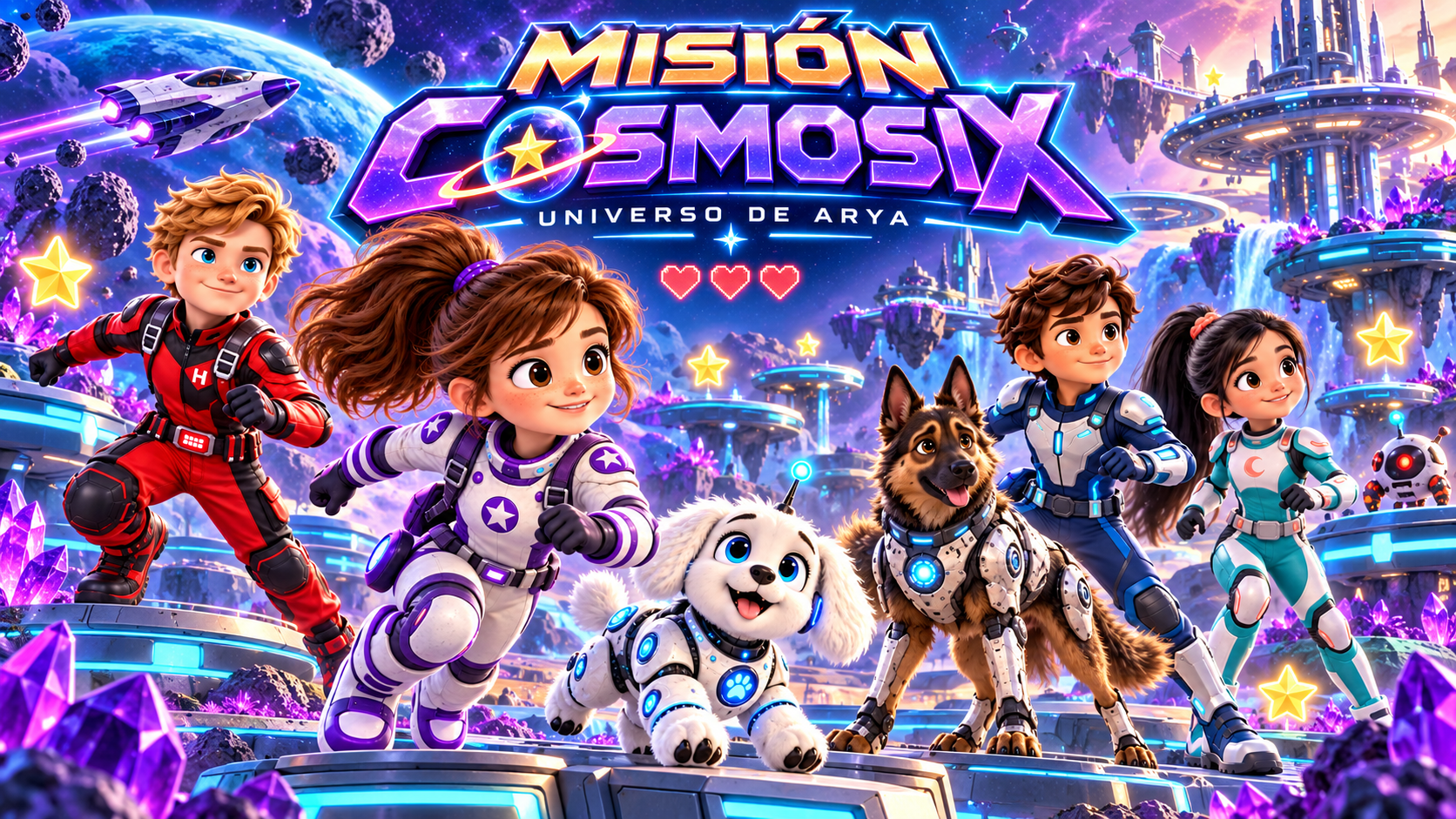 Portada de Misión COSMOSIX con Arya, Loqui, Henry, Ethan, Mar y Taín
