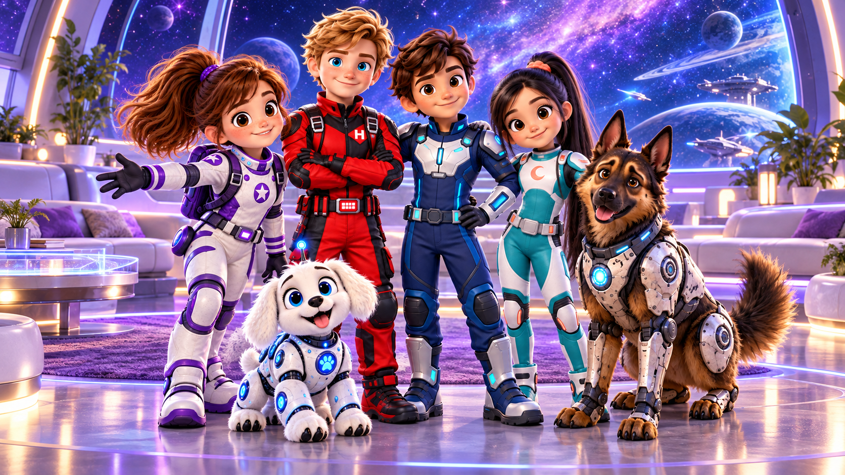 Arya, Loqui, Henry, Ethan, Mar y Taín juntos en la base espacial