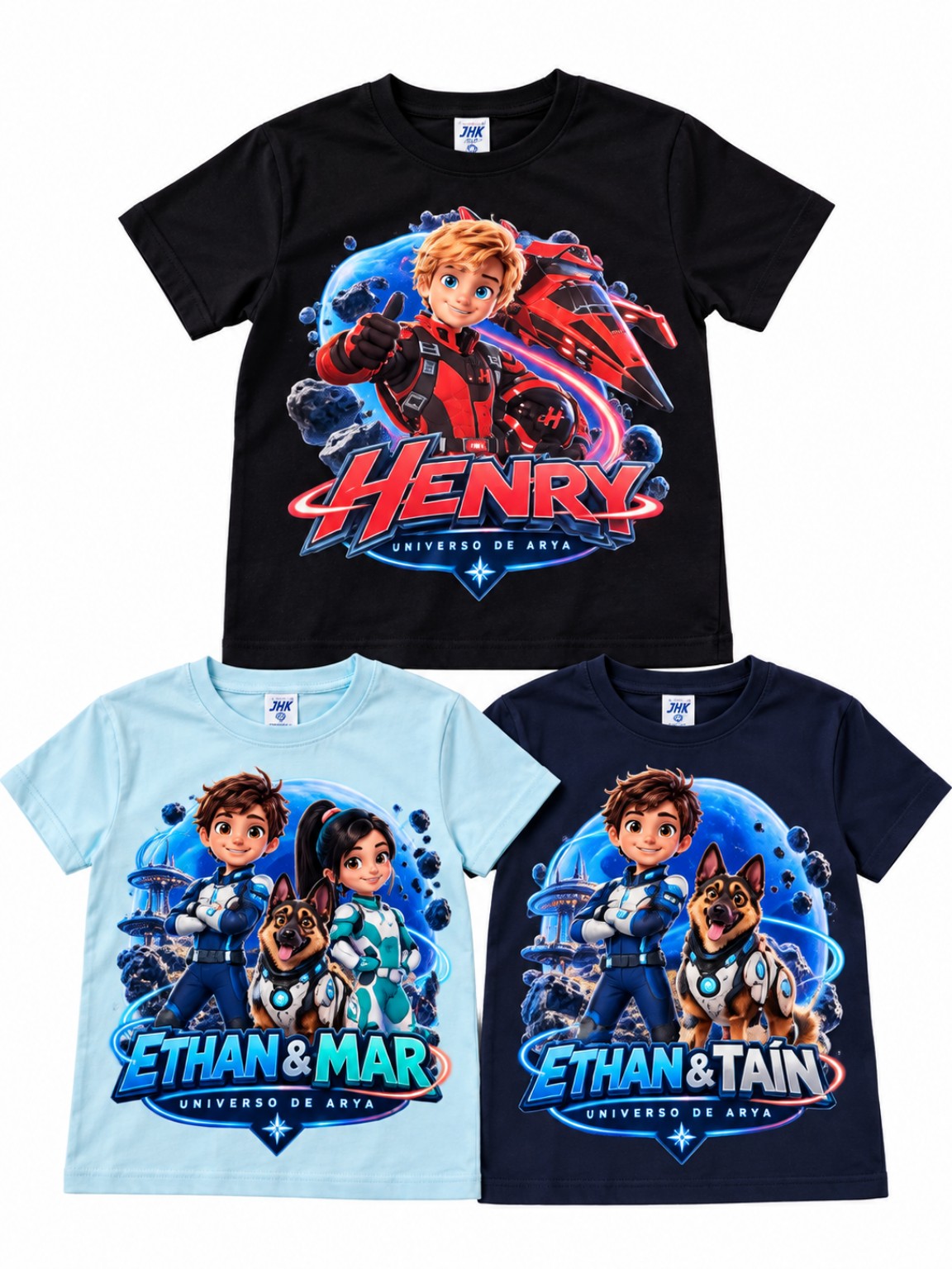 Vista de camisetas con los diseños de Henry, Ethan y Mar, y Ethan y Taín