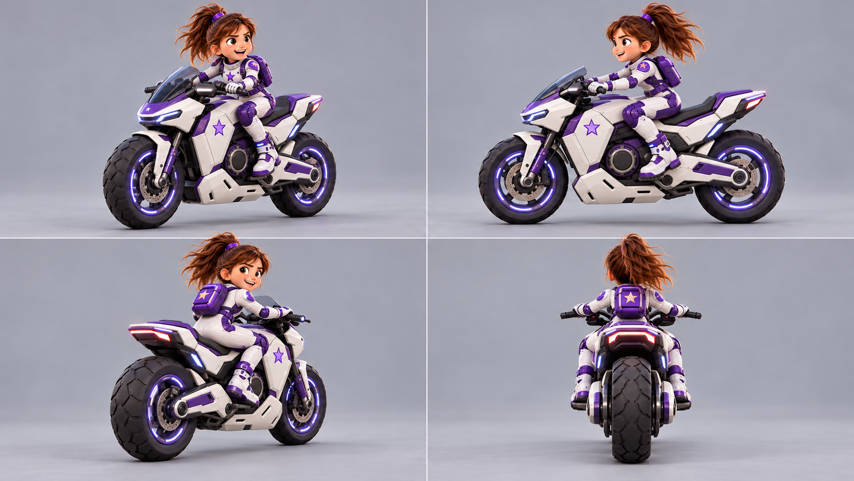 Arya en su moto blanca y morada