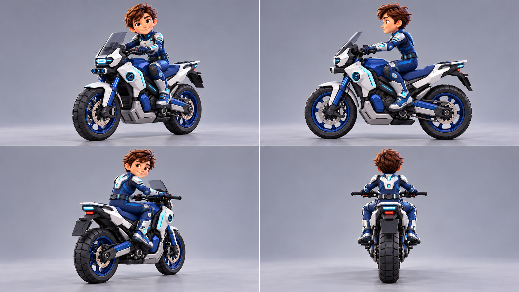 Ethan en su moto azul y blanca